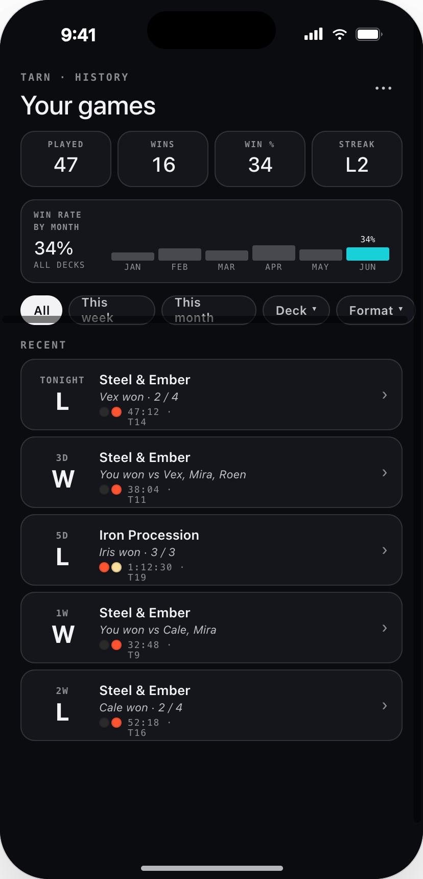 History and stats screen