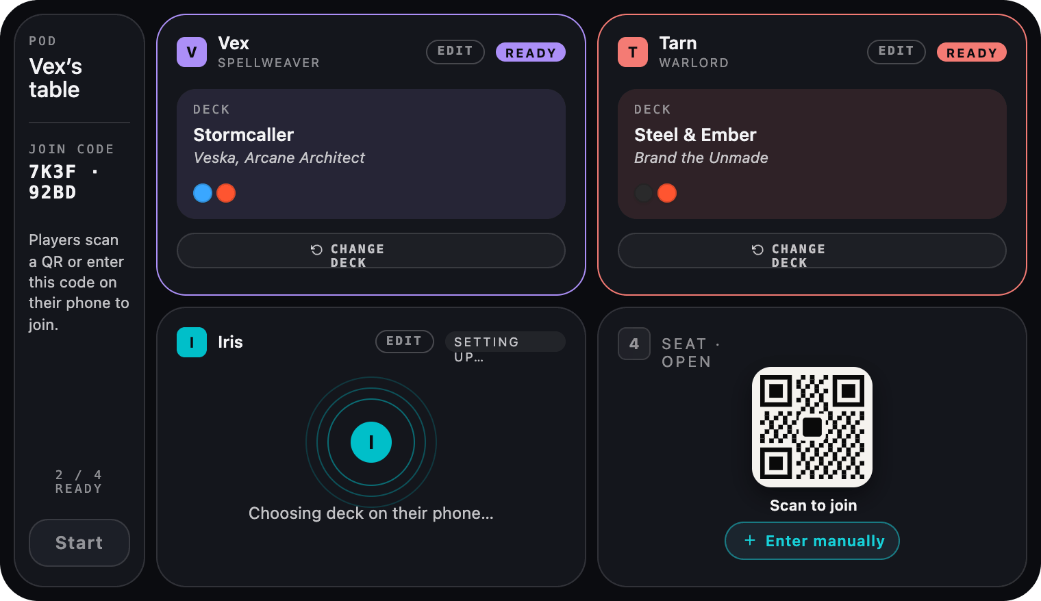 Host lobby with per-seat QR and join code